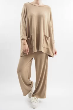 Made In Italy Chalet Pocketed Soft Knit Set Camel