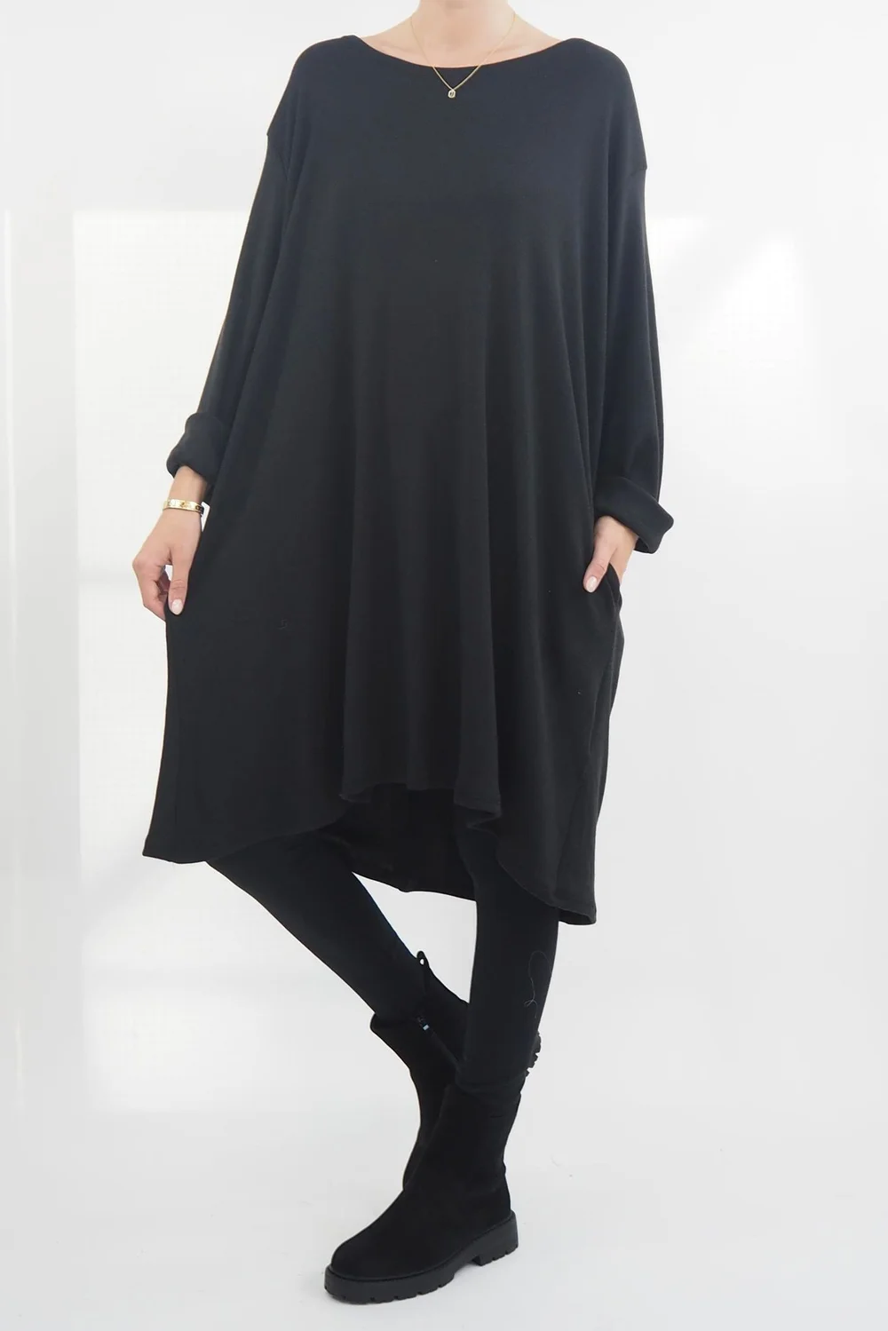 Made In Italy Chalet Pocketed Swing Soft Knit Dress Black 6 Made In Italy Chalet Pocketed Swing Soft Knit Dress Black - Image 4