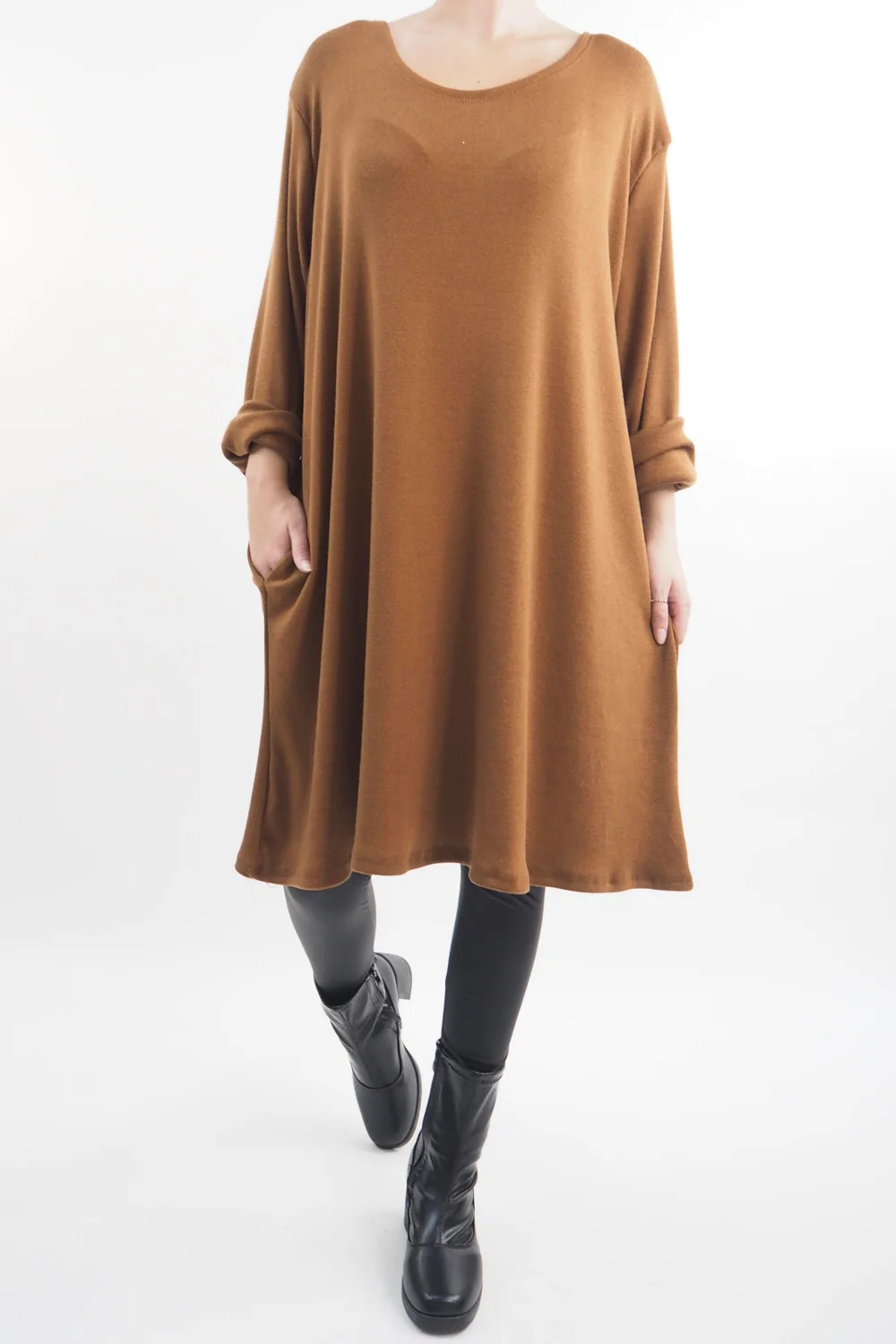 Made In Italy Chalet Pocketed Swing Soft Knit Dress Chestnut 3 Made In Italy Chalet Pocketed Swing Soft Knit Dress Chestnut