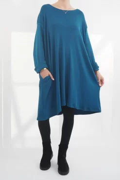 Made In Italy Chalet Pocketed Swing Soft Knit Dress Prussian