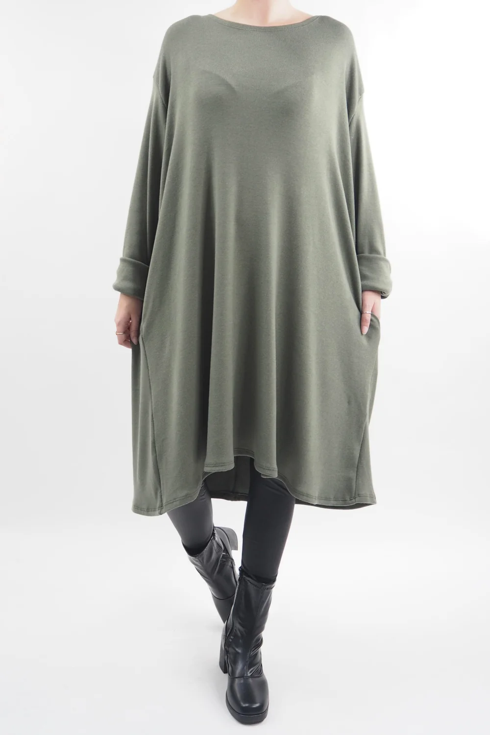 Made In Italy Chalet Pocketed Swing Soft Knit Dress Soft Khaki 3 Made In Italy Chalet Pocketed Swing Soft Knit Dress Soft Khaki