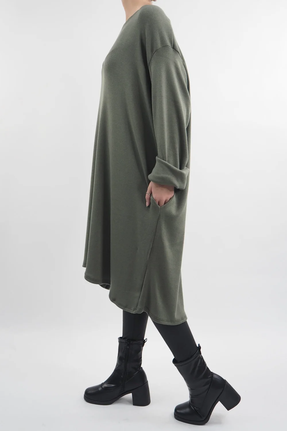 Made In Italy Chalet Pocketed Swing Soft Knit Dress Soft Khaki 5 Made In Italy Chalet Pocketed Swing Soft Knit Dress Soft Khaki - Image 3