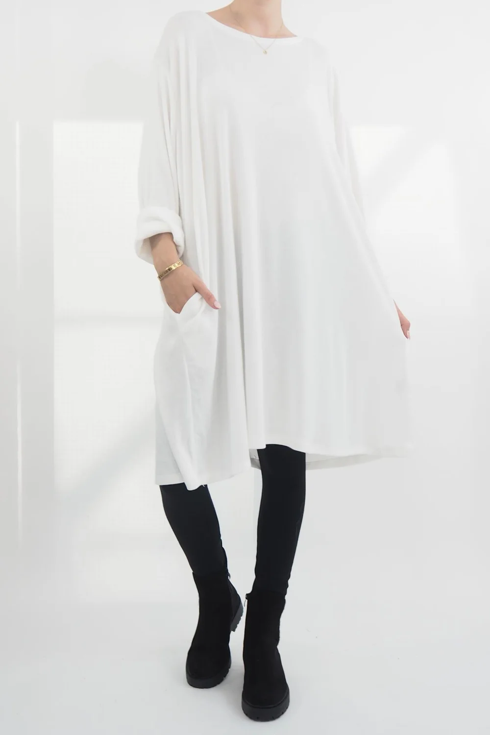 Made In Italy Chalet Pocketed Swing Soft Knit Dress Winter White 3 Made In Italy Chalet Pocketed Swing Soft Knit Dress Winter White