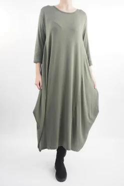 Made In Italy Classic Long Sleeve Parachute Maxi Dress Khaki