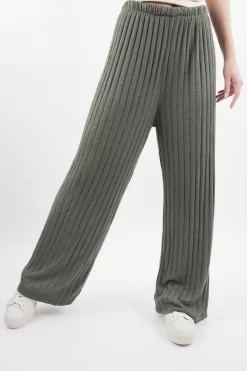 Made In Italy Classic Super Soft Ribbed Fine Knit Pant Khaki