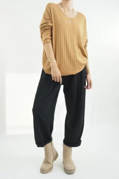 Made In Italy Classic Super Soft Ribbed Fine Knit Top Tan