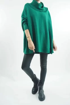 Made In Italy Conrad Oversized Fray Cowl Knit Top Emerald