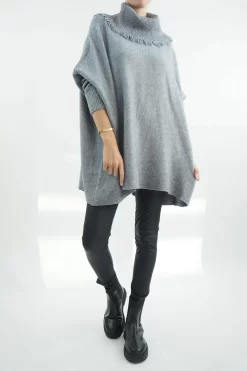 Made In Italy Conrad Oversized Fray Cowl Knit Top Slate Marl