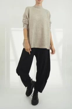 Made In Italy Conrad Turtle Ribby Knit Top Oatmeal