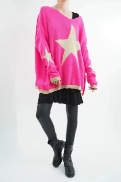 Made In Italy Dani Oversized Triple Star Grunge Knit Top Hot Pink