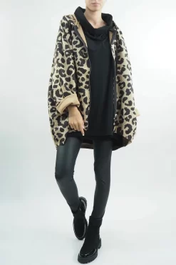 Made In Italy Hope Moleskin Touch Leopard Cocoon Jacket Tan