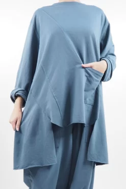 Made In Italy Lagenlook High Low Pocket Sweatshirt Denim