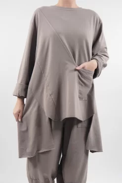 Made In Italy Lagenlook High Low Pocket Sweatshirt Mushroom