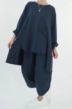 Made In Italy Lagenlook High Low Pocket Sweatshirt Midnight -Fashion Women's Store made in italy lagenlook high low pocket sweatshirt navy4.jpg