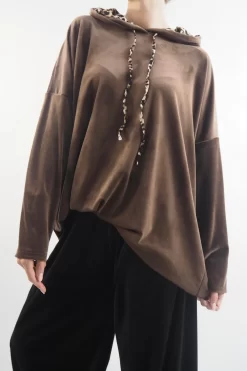 Made In Italy Leopard Love Stretch Velour Hoodie Chocolate