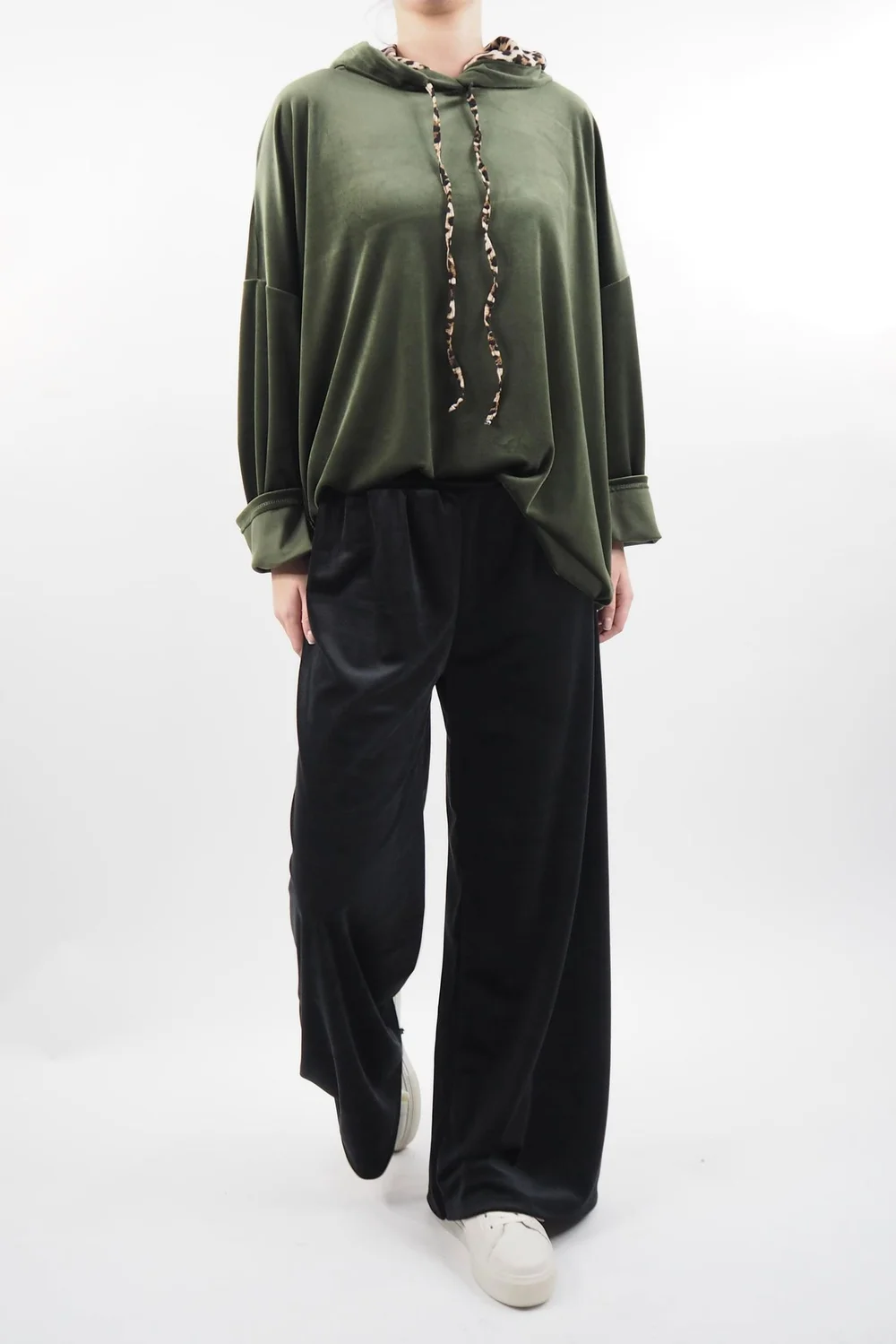 Made In Italy Leopard Love Stretch Velour Hoodie Olive 5 Made In Italy Leopard Love Stretch Velour Hoodie Olive - Image 3