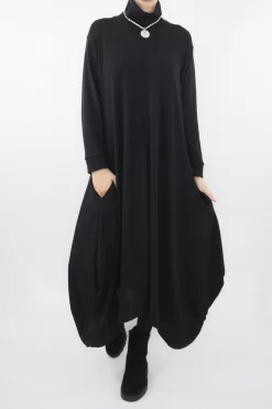 Made In Italy Moxie Polo Neck Tulip Knit Dress Black *