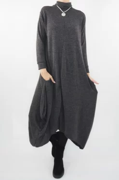 Made In Italy Moxie Polo Neck Tulip Knit Dress Charcoal Grey Marl *