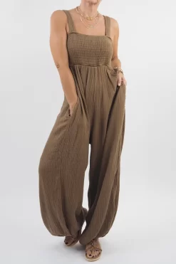 Made In Italy Obi Crepe Cotton Balloon Jumpsuit Saddle