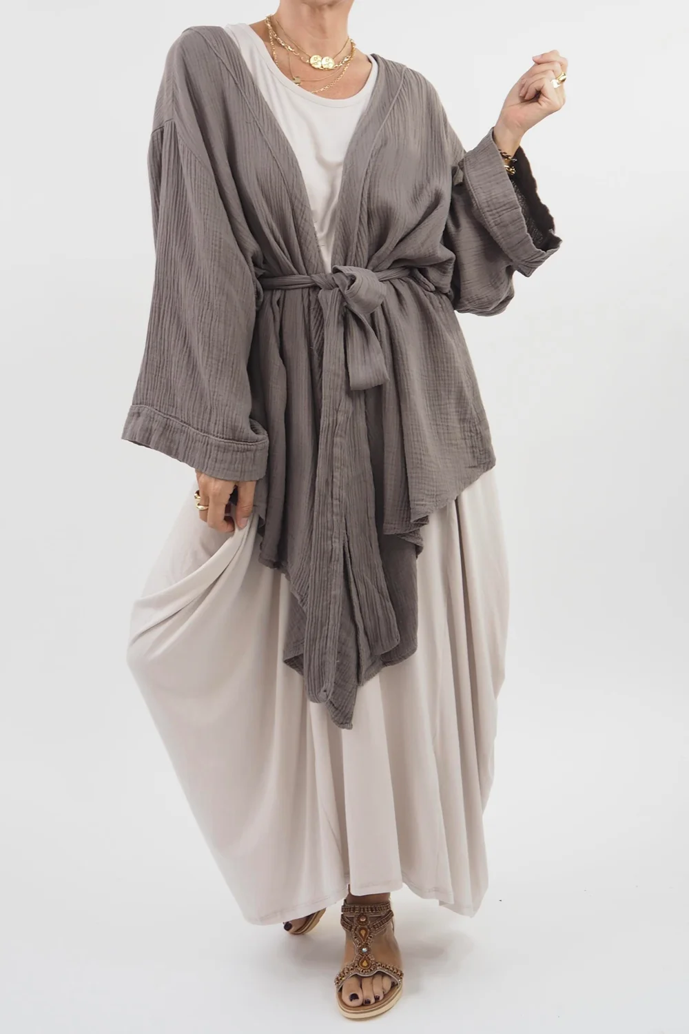 Made In Italy Obi Crepe Cotton Wrap Jacket Mushroom 9 Made In Italy Obi Crepe Cotton Wrap Jacket Mushroom - Image 7