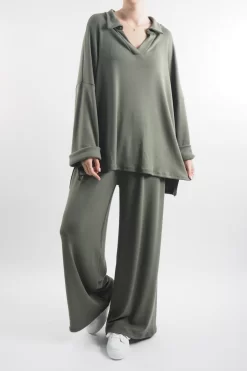 Made In Italy Chalet Collared Soft Knit Set Soft Khaki