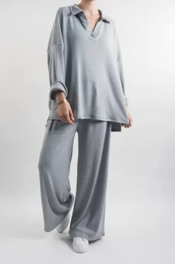 Made In Italy Chalet Collared Soft Knit Set Grey Marl