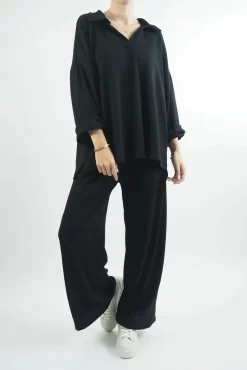 Made In Italy Chalet Collared Soft Knit Set Black