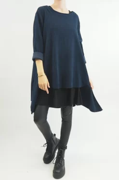 Made In Italy Rib Velvet Soft Stretch Pocket High Low Top Navy -Fashion Women's Store made in italy rib velvet soft stretch pocket high low top navy 2.jpg