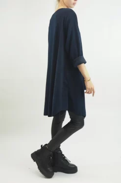 Made In Italy Rib Velvet Soft Stretch Pocket High Low Top Navy -Fashion Women's Store made in italy rib velvet soft stretch pocket high low top navy 3.jpg