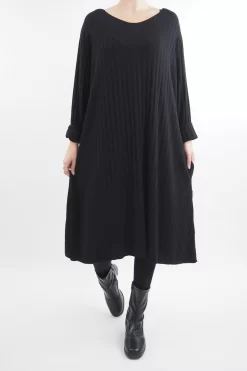 Made In Italy Ribbed Soft Knit Trapeze Dress Black