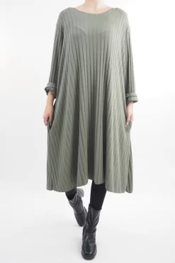 Made In Italy Ribbed Soft Knit Trapeze Dress Khaki