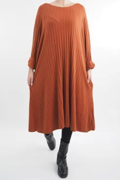 Made In Italy Ribbed Soft Knit Trapeze Dress Saffron