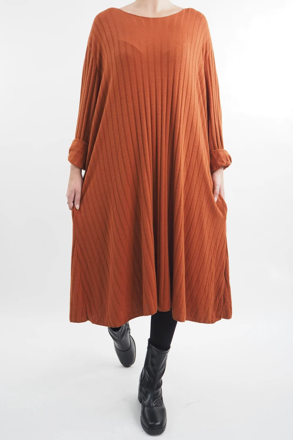 Made In Italy Ribbed Soft Knit Trapeze Dress Saffron 2 Made In Italy Ribbed Soft Knit Trapeze Dress Saffron