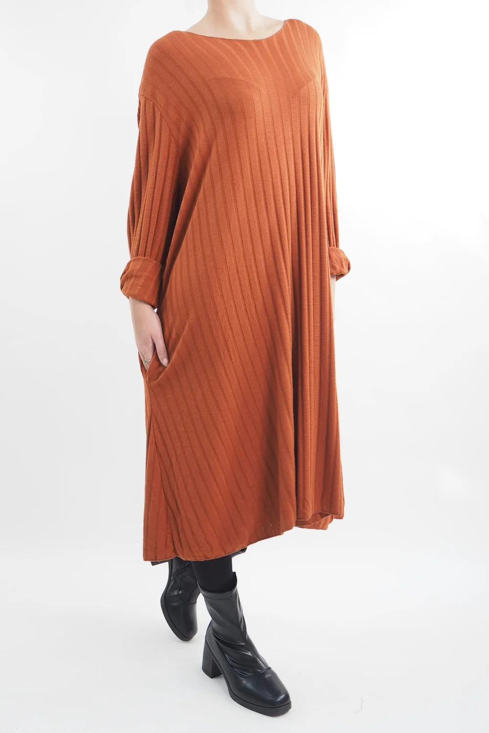 Made In Italy Ribbed Soft Knit Trapeze Dress Saffron 3 Made In Italy Ribbed Soft Knit Trapeze Dress Saffron - Image 2