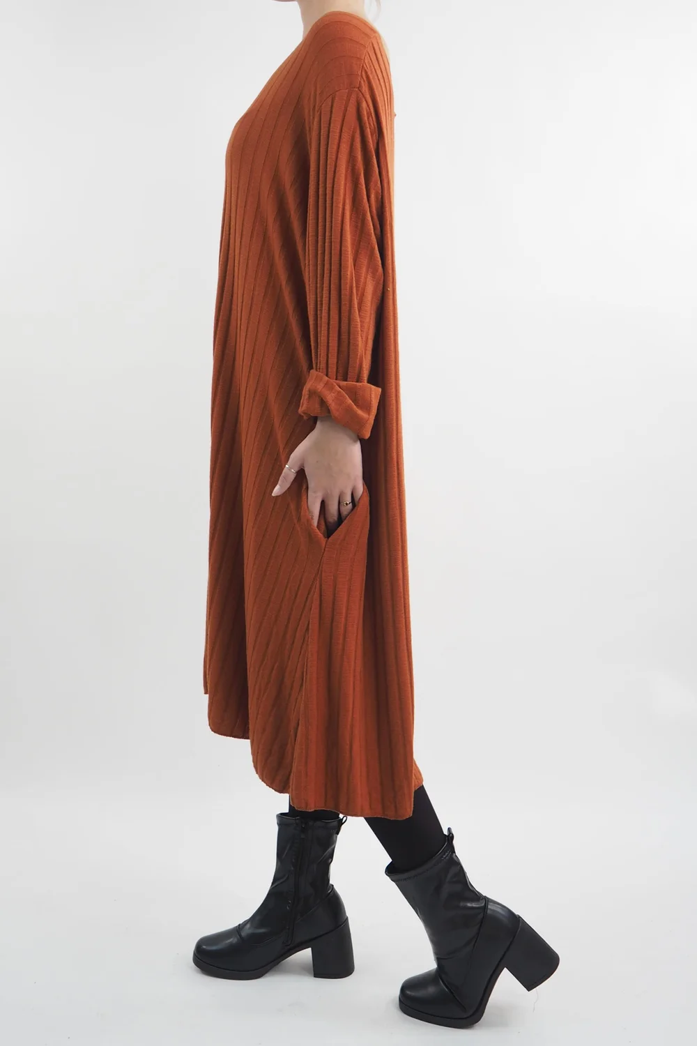 Made In Italy Ribbed Soft Knit Trapeze Dress Saffron 4 Made In Italy Ribbed Soft Knit Trapeze Dress Saffron - Image 3