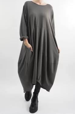 Made In Italy Sander Panel Long Sleeve Cocoon Dress Khaki