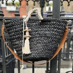 Malini Bella Black Hand Made Straw Basket Bag