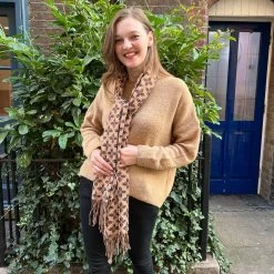 Malini Flower Circle Camel Colour Wool Blend Tassle Trim Printed Scarf -Fashion Women's Store malini flower circle camel colour wool blend tassle trim printed scarf p7087 24482 zoom