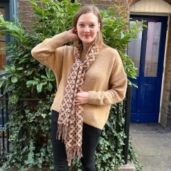 Malini Flower Circle Camel Colour Wool Blend Tassle Trim Printed Scarf -Fashion Women's Store malini flower circle camel colour wool blend tassle trim printed scarf p7087 24483 zoom