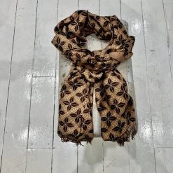 Malini Flower Circle Camel Colour Wool Blend Tassle Trim Printed Scarf