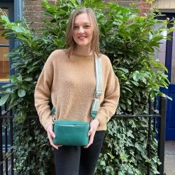 Malini Kayla Green Soft Leather Wide Woven Strap Cross Body Bag