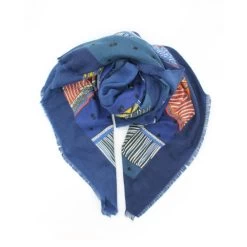 Malini Large Blue Printed Wool Blend Square Scarf