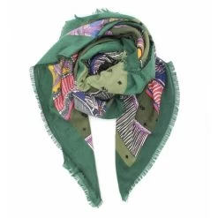 Malini Large Forest Green Printed Wool Blend Square Scarf