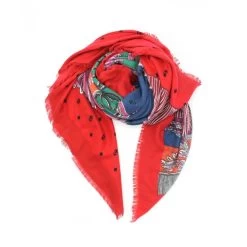 Malini Large Red Printed Wool Blend Square Scarf