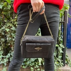 Malini Mary Black Bee Clasp Double Pouch Leather Bag