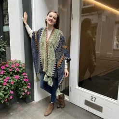 Malini Myra Blue Multi Knitted Tassle Trim Wrap / Shawl