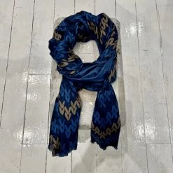 Malini Petal Blue Wool Blend Contrast Printed Tassle Trim Scarf