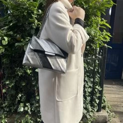 Vimoda Leather Silver And Black Two-tone Cross Body / Shoulder Large Bag